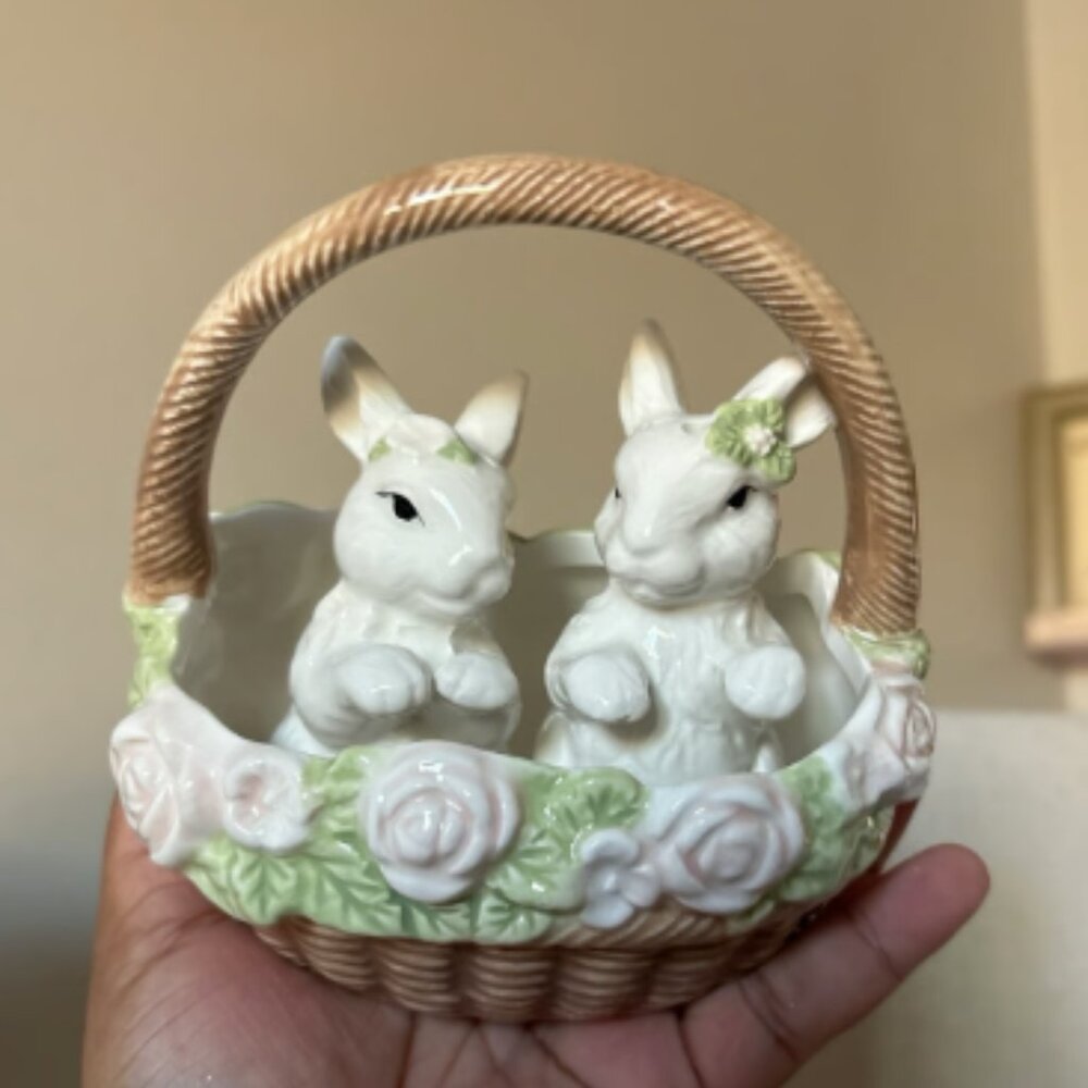 Easter Bunny Rabbits In Basket Salt And Pepper Shakers